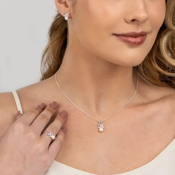 Conjunto Prata Perola Borboleta  Com Zircônia  Coloridas