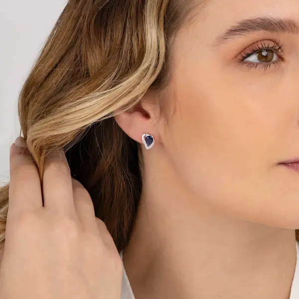 Brinco Prata  Coração Zircônia Azul