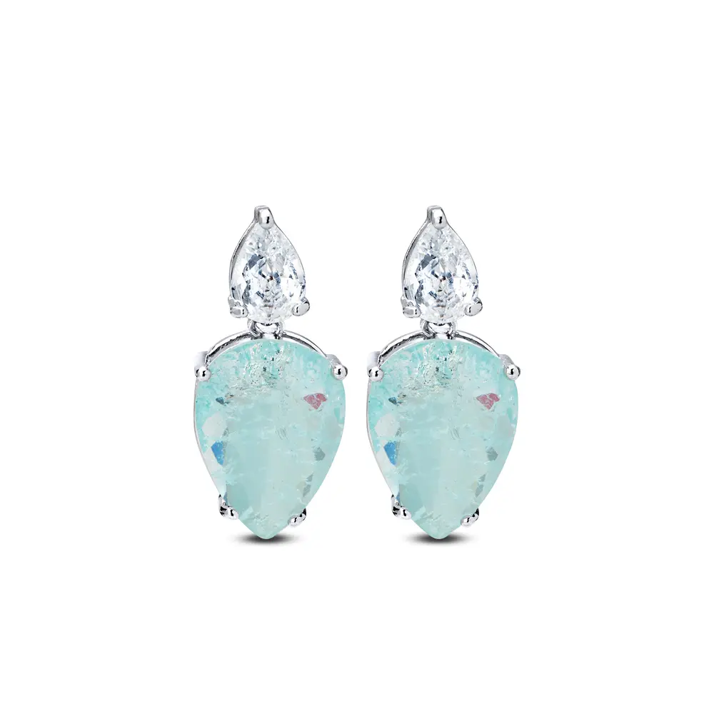 Brinco  Prata Rodinada Gota Cristal Fusio Azul e Branco