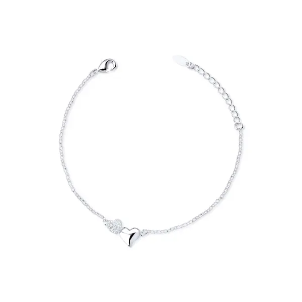 Pulseira Prata Leve Corações Liso E Com Zircônias