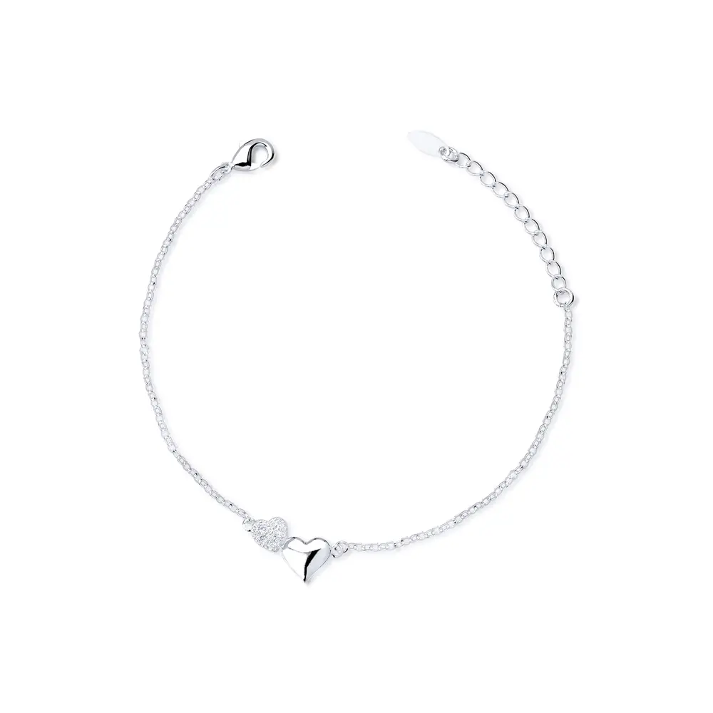 Pulseira Prata Leve Corações Liso E Com Zircônias