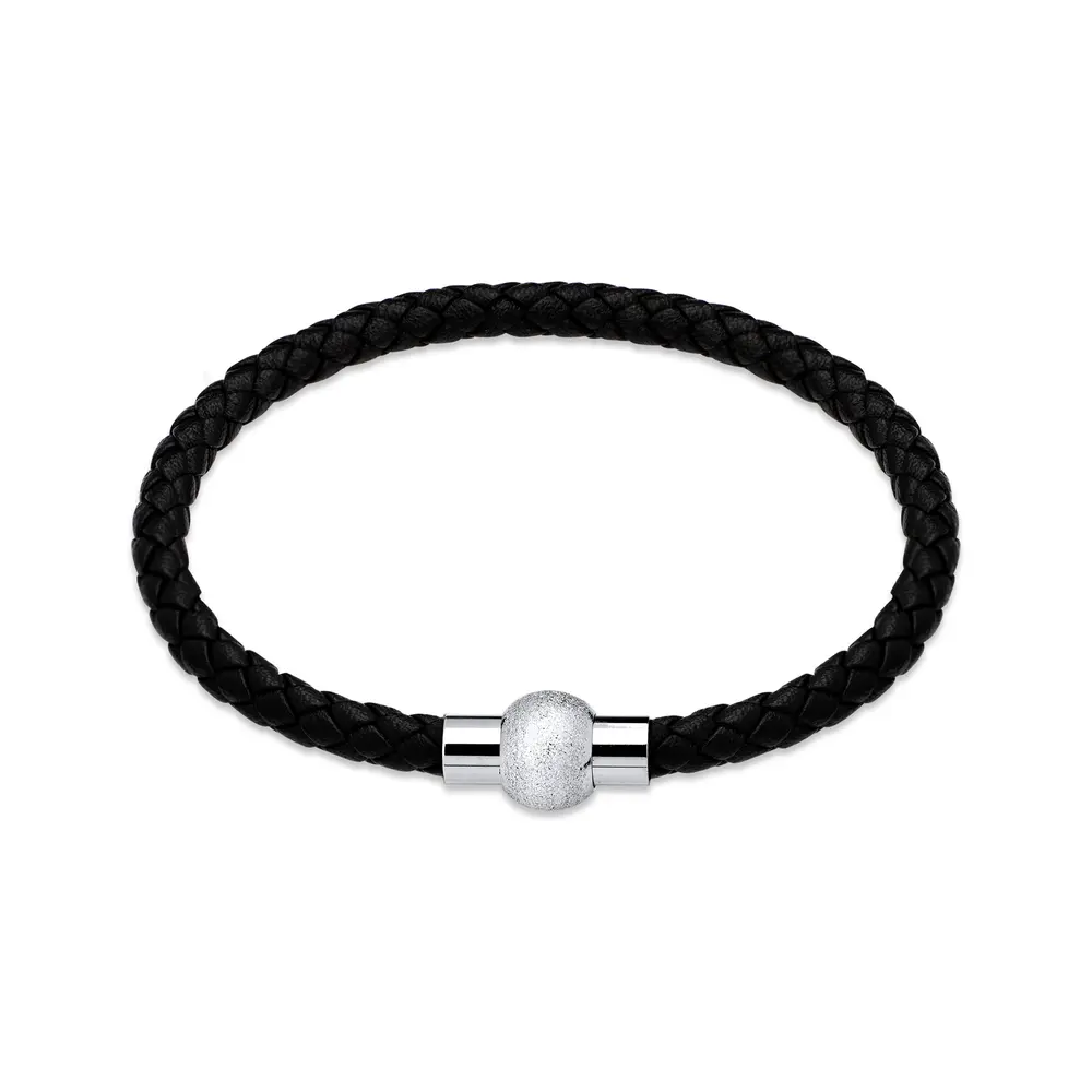 Pulseira Aço Com Couro e Brilho Masculina Fecho Imã 21cm