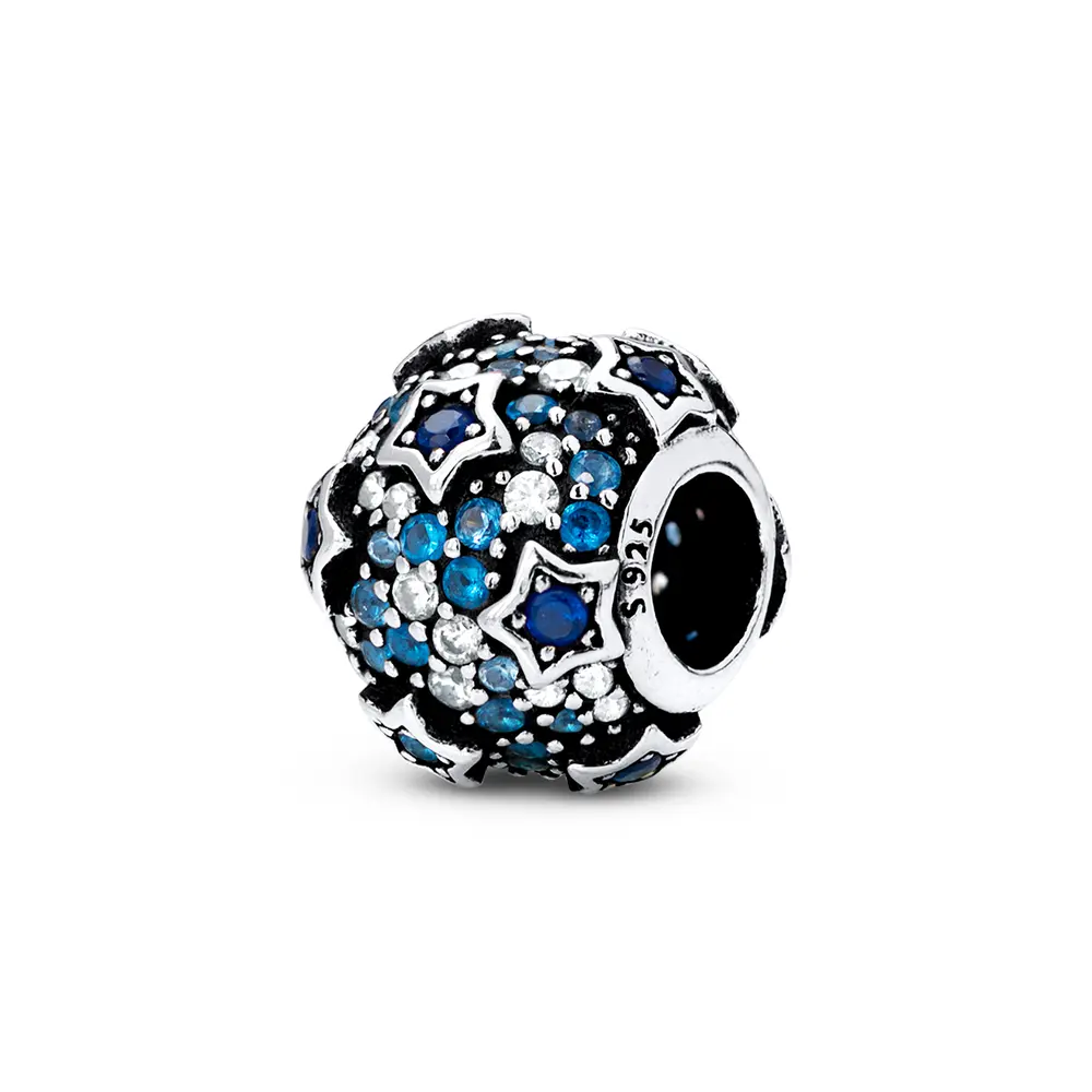 Berloque Prata Art Colection Redondo Estrelas Com Zircônias Azul