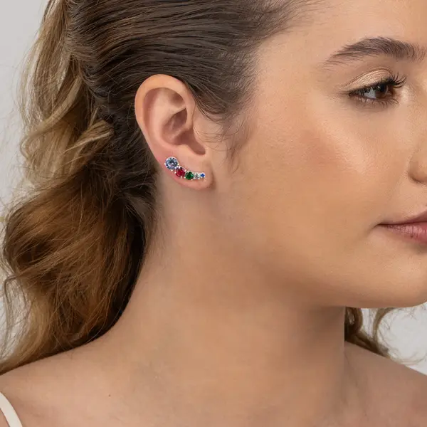 Brinco  Prata  Leve Ear Cuff Zircônias Degradê Colorido