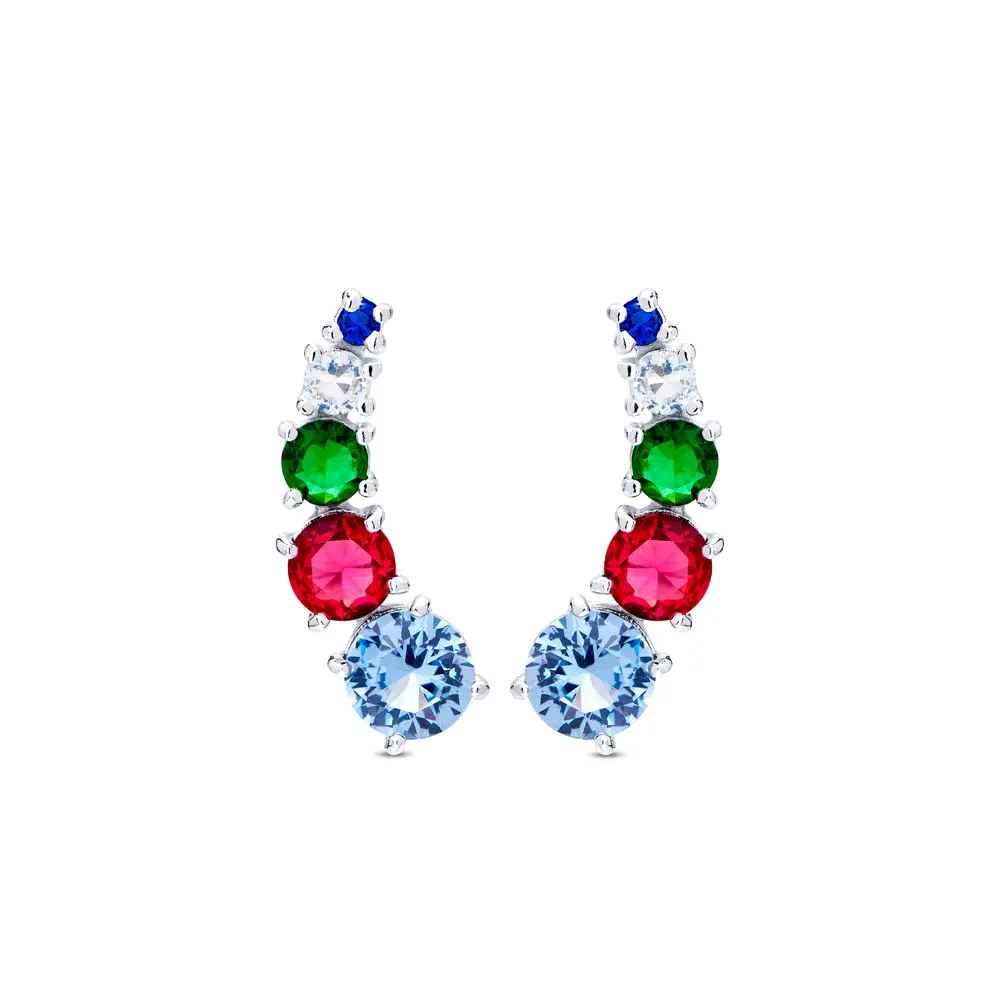 Brinco  Prata  Leve Ear Cuff Zircônias Degradê Colorido