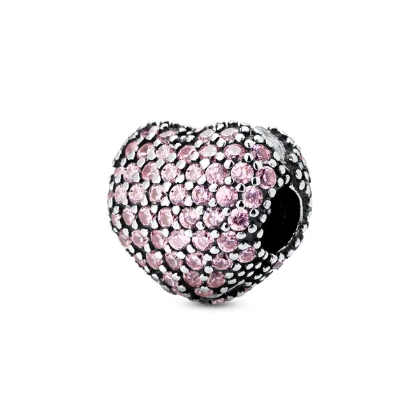 Berloque Prata Art Colection   Coração Com Zircônia Rosa