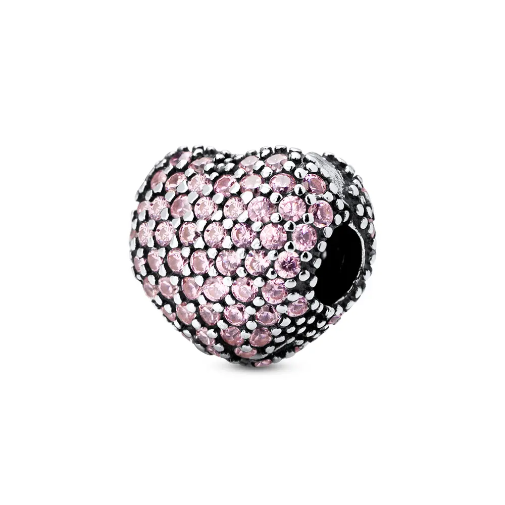 Berloque Prata Art Colection   Coração Com Zircônia Rosa