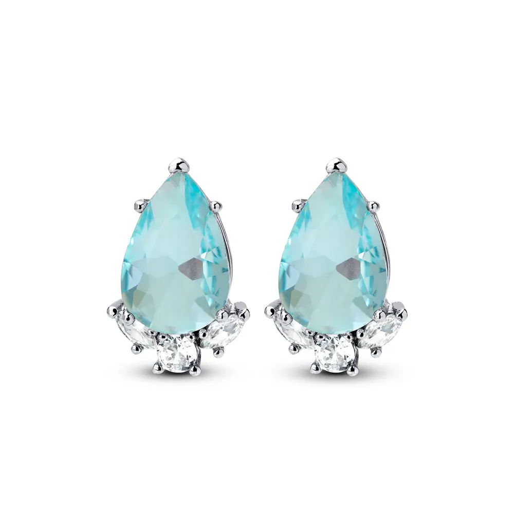 Brinco  Prata Rodinada Gota Azul