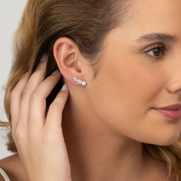 Brinco Prata Ear Cuff Estrelas Coloridas