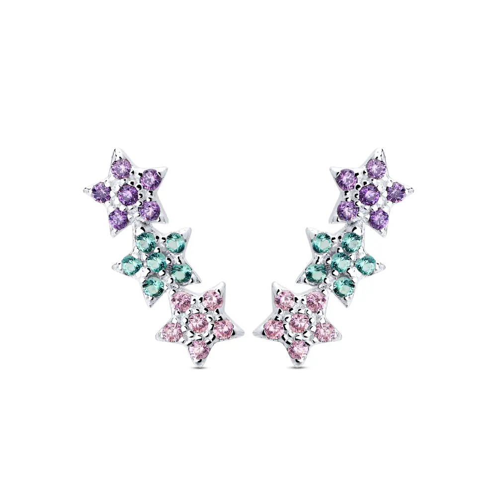 Brinco Prata Ear Cuff Estrelas Coloridas
