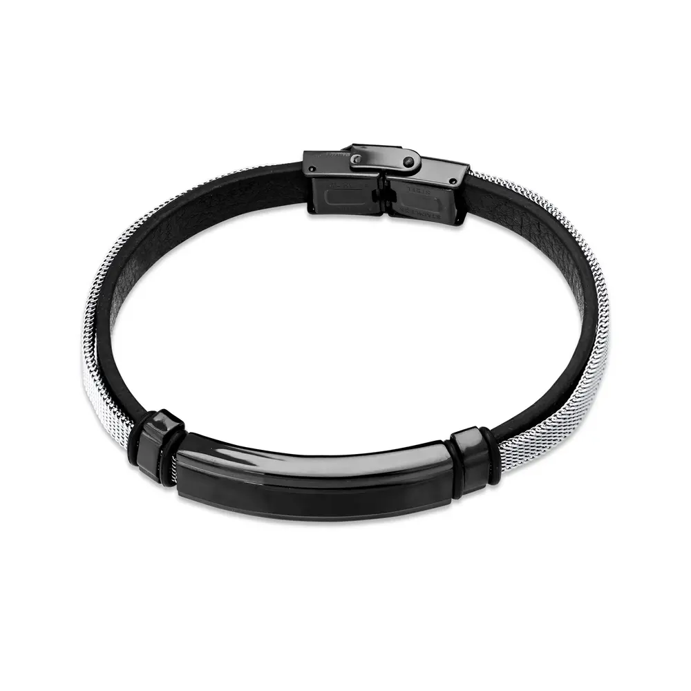 Pulseira  Aço Masculina Placa Carbonada Com Couro 21cm