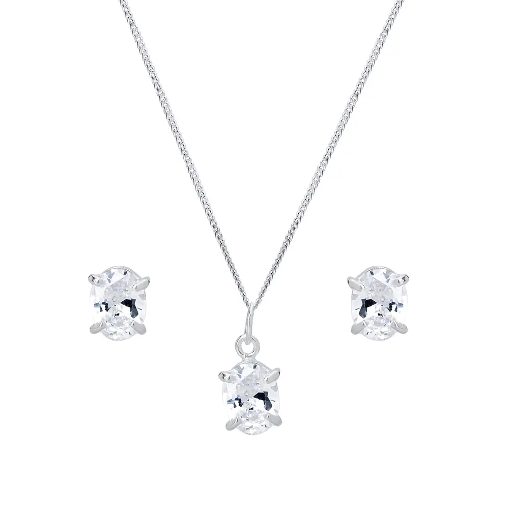 Conjunto Prata  Oval Com ZIrcônias