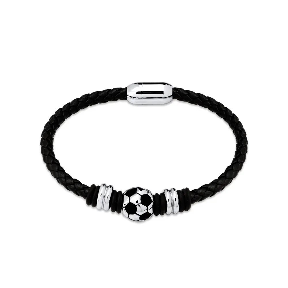 Pulseira Aço Com Couro Masculina Bola de Futebol Fecho Imã 21cm