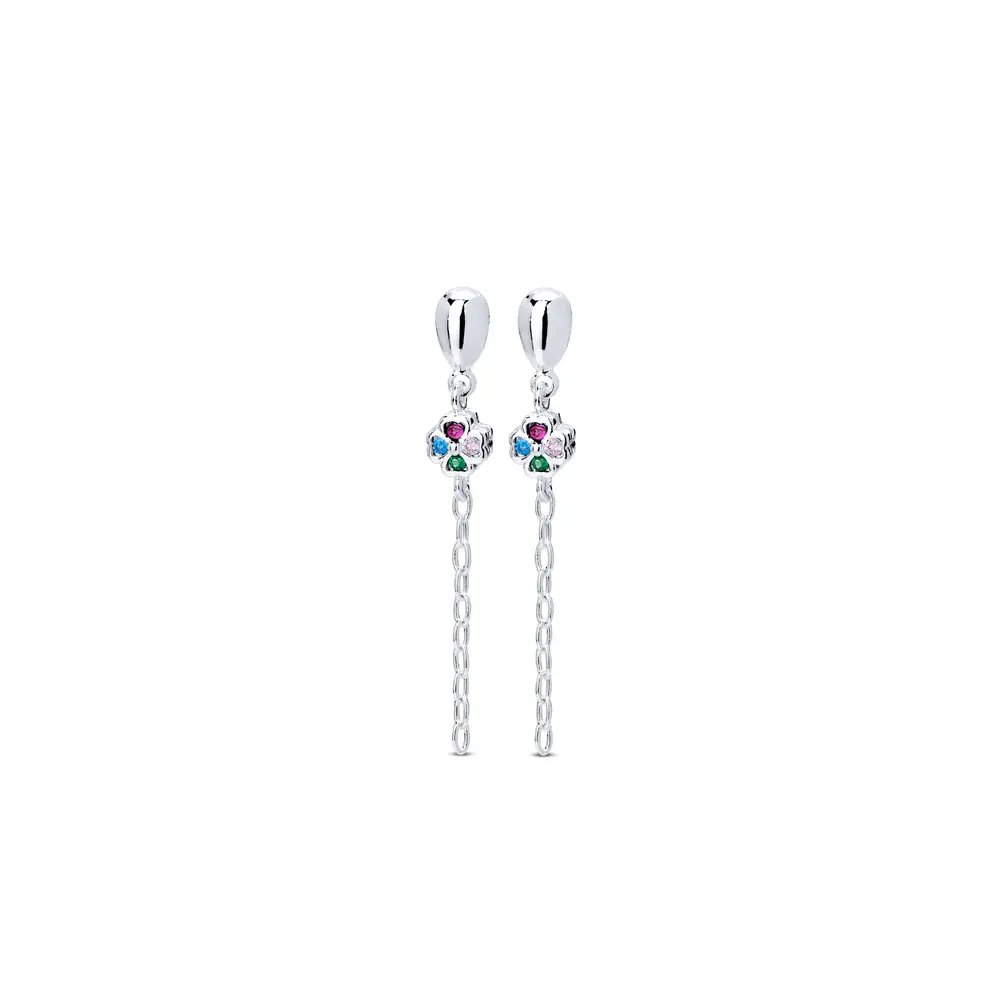Brinco Prata Leve Flor Com Zircônia Colorida
