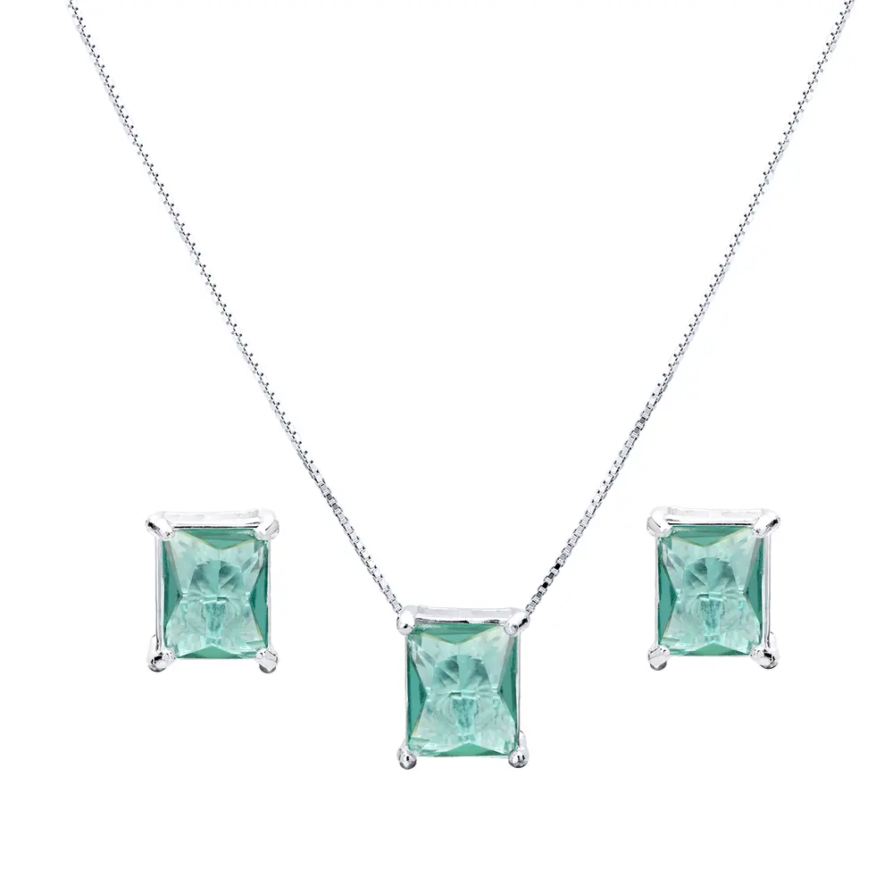 Conjunto Prata Leve Quadrado Zircônia  Verde