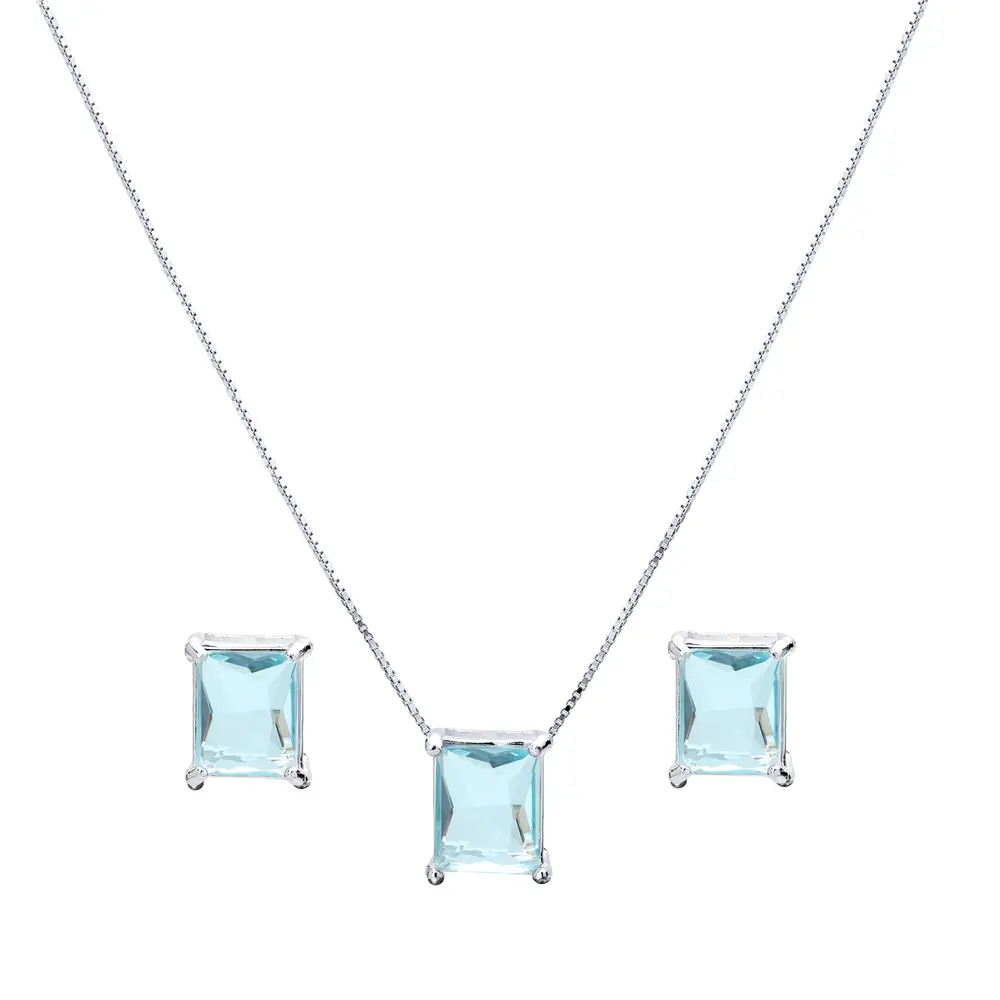 Conjunto Prata Leve Quadrado Zircônia  Azul