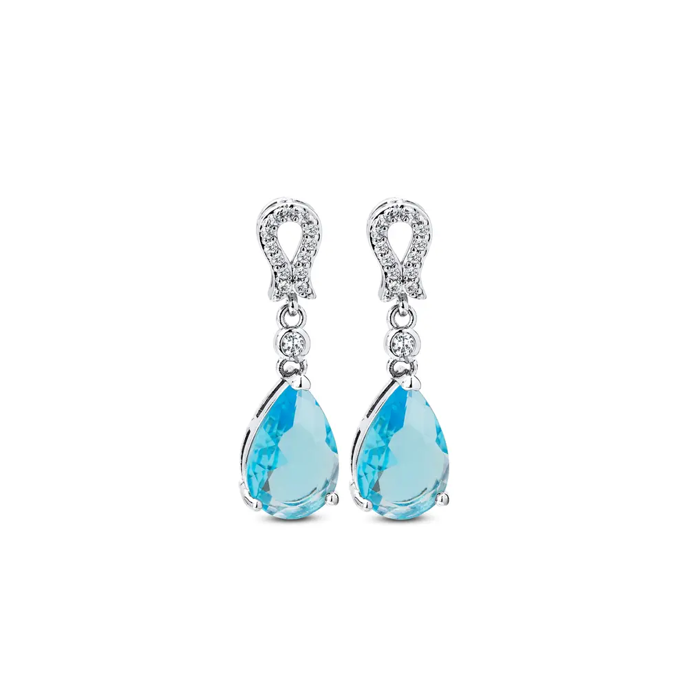 Brinco Banho Ródio Zircônias Brancas Com Gota  Azul