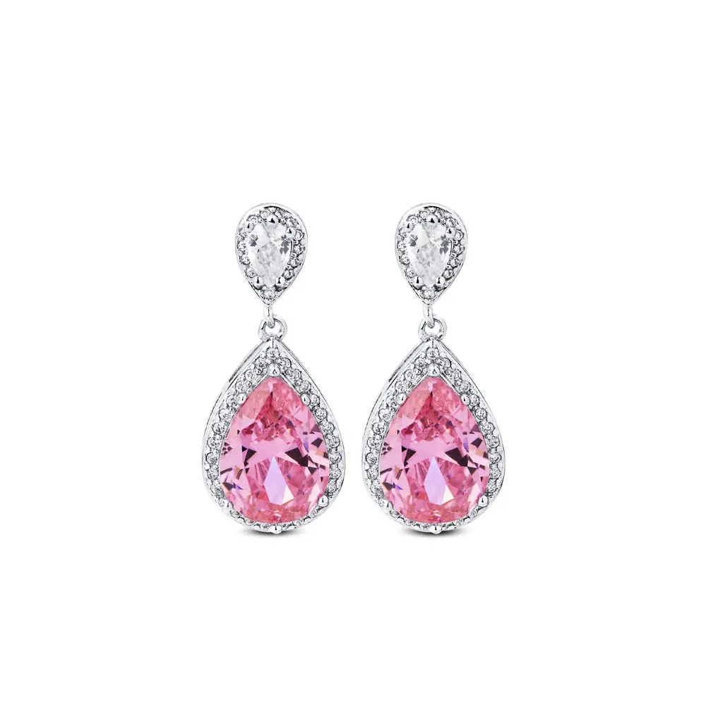 Brinco Banho Ródio Zircônias Brancas Com Gota  Rosa Grande