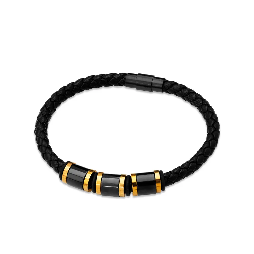 Pulseira  Aço Carbonado Com Couro Masculina Fecho Imã 22cm