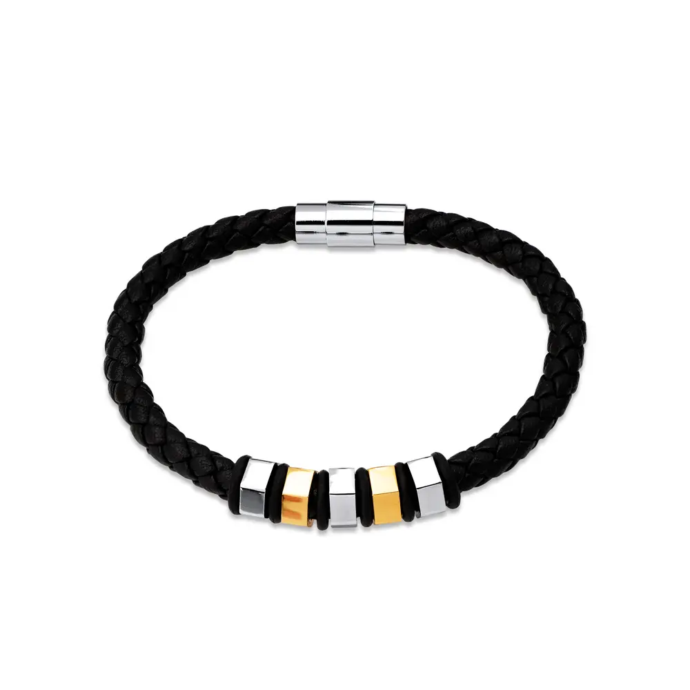 Pulseira Aço Dourado Com Couro Masculina Fecho Imã 20cm