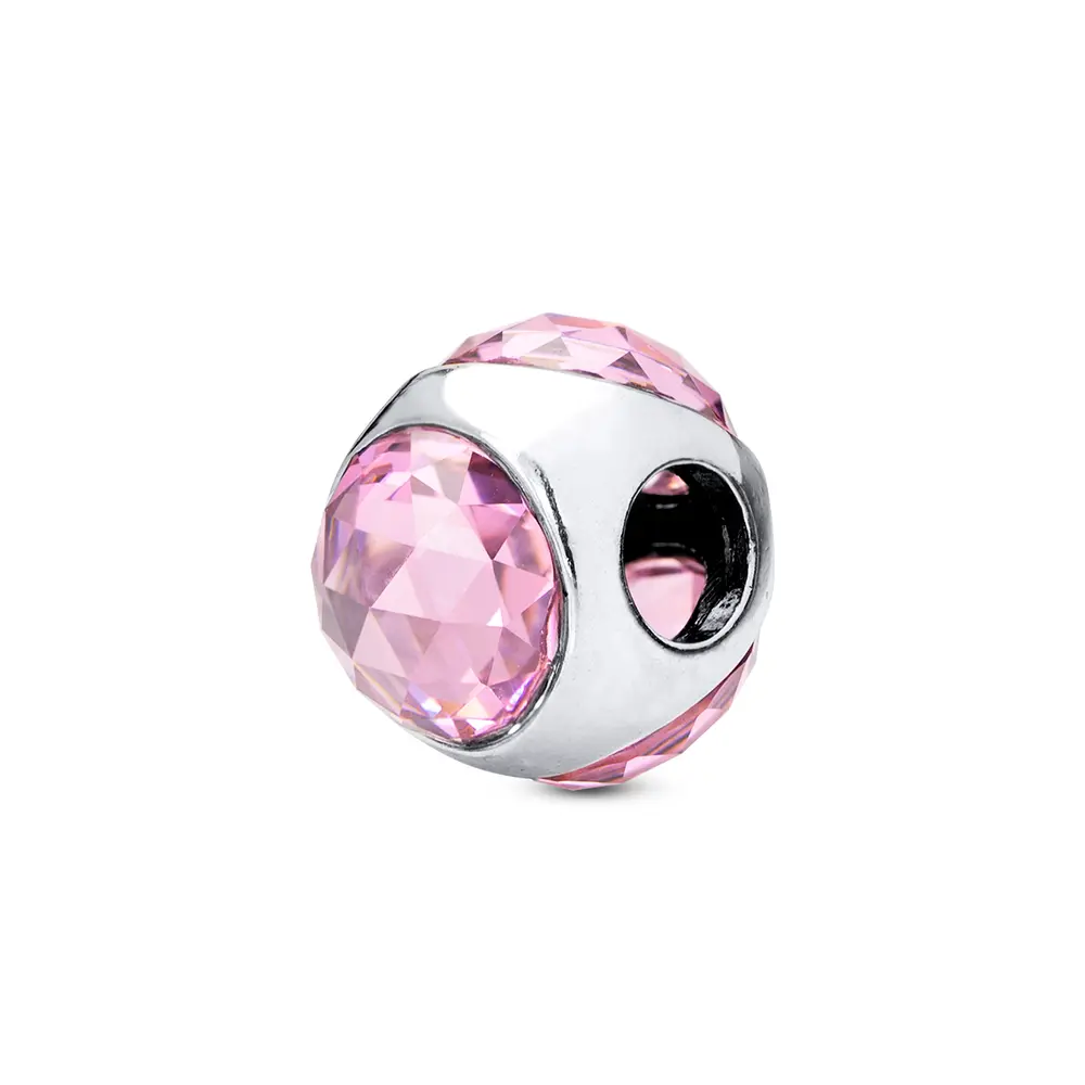 Berloque Prata Art Colection   Redondo Com Zircônia Rosa G