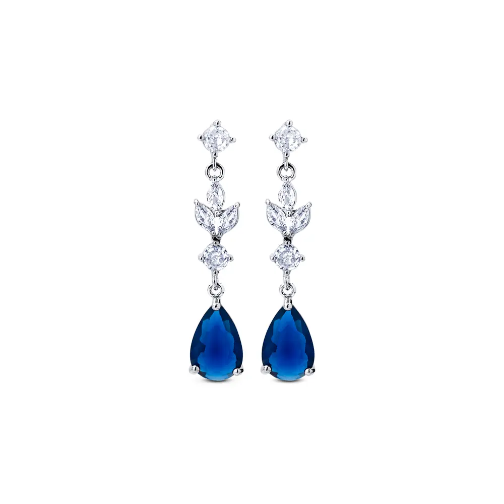 Brinco Banho Ródio Zircônias Brancas  Folhas Com Gota  Azul Escura