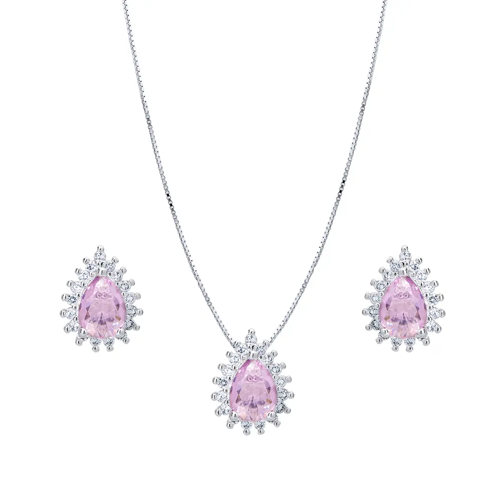 Conjunto  Prata leve Gota Com Zircônias Rosa