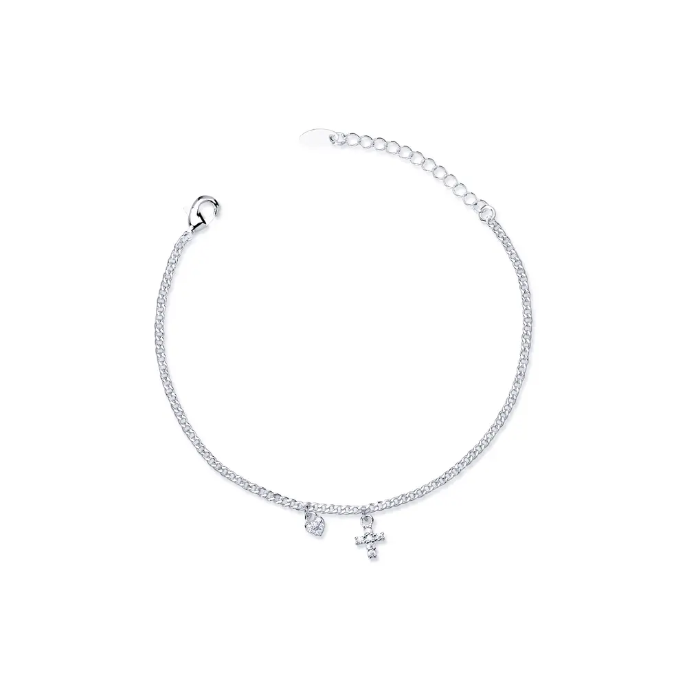 Pulseira  Prata  leve Cruz, Coração Com Zircônias