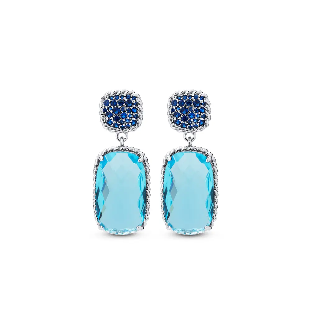 Brinco Banho Ródio Zircônias Azul  E Cristal Azul Oval G