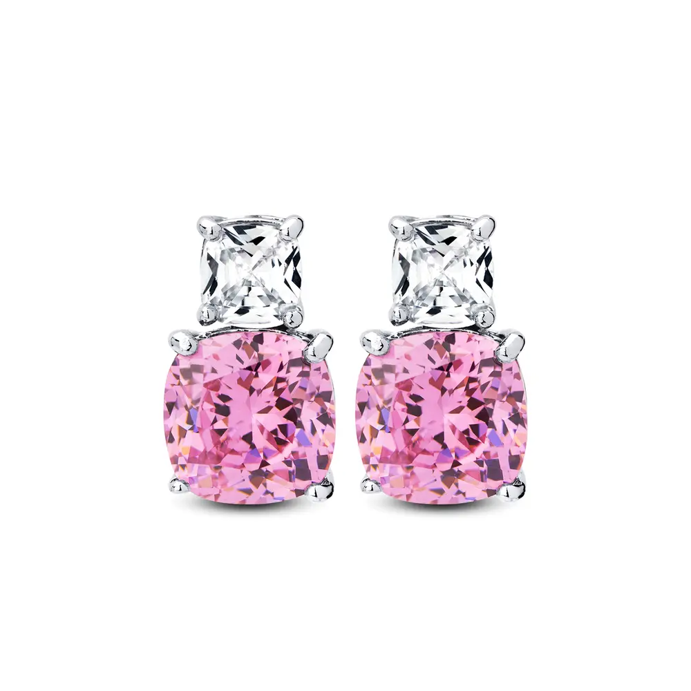 Brinco Banho Ródio Zircônias Redonda  Branca  E  Quadrada Rosa