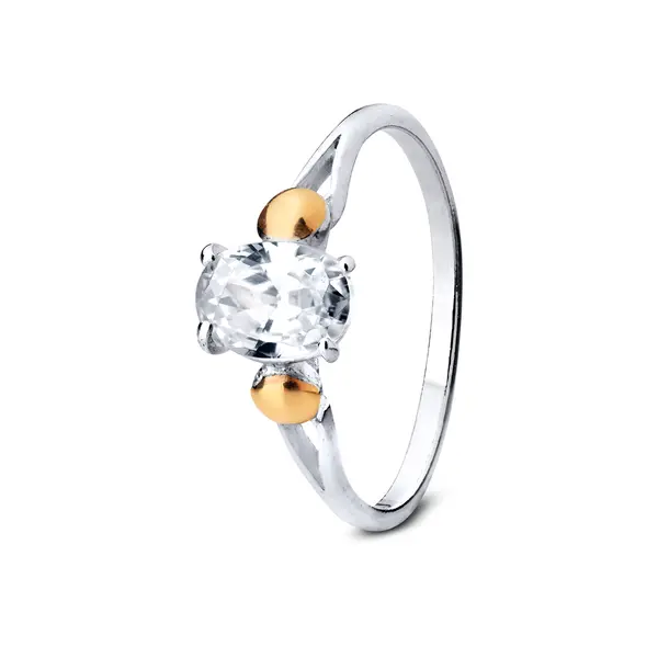 Anel  Prata  Oval Com Aplique Em Ouro 10k E Zircônia