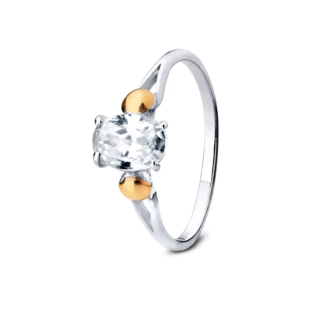 Anel  Prata  Oval Com Aplique Em Ouro 10k E Zircônia