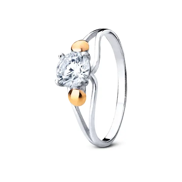 Anel  Prata Solitário Com Aplique Em Ouro 10k E Zircônia