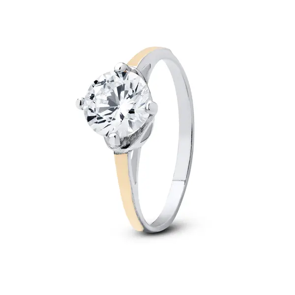 Anel  Prata Solitário Com Aplique Em Ouro 10k E Zircônia