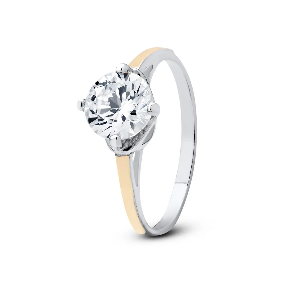 Anel  Prata Solitário Com Aplique Em Ouro 10k E Zircônia