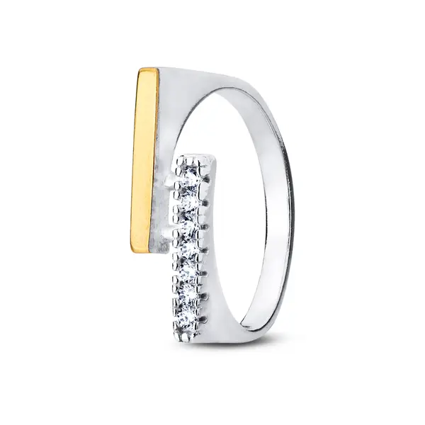 Anel  Prata  Com Aplique Em Ouro 10k E Zircônia