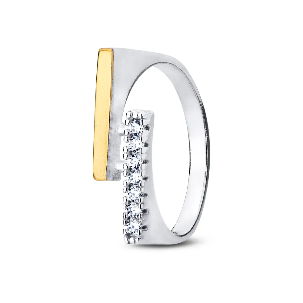 Anel  Prata  Com Aplique Em Ouro 10k E Zircônia