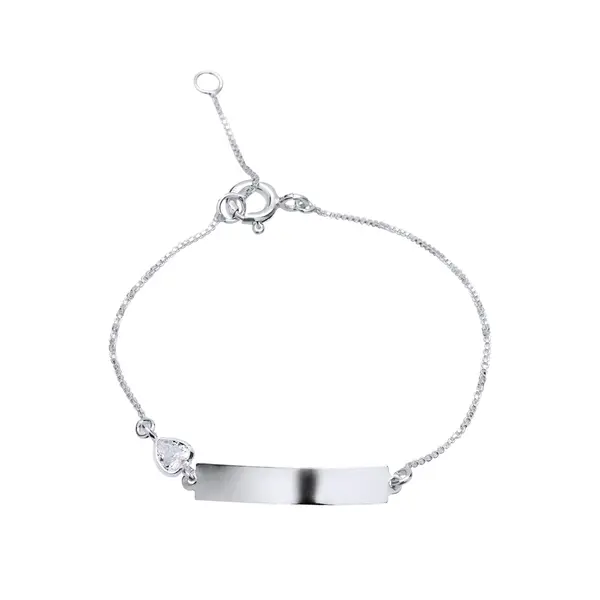 Pulseira Prata Infantil Placa Com Coração De Zircônia Branco
