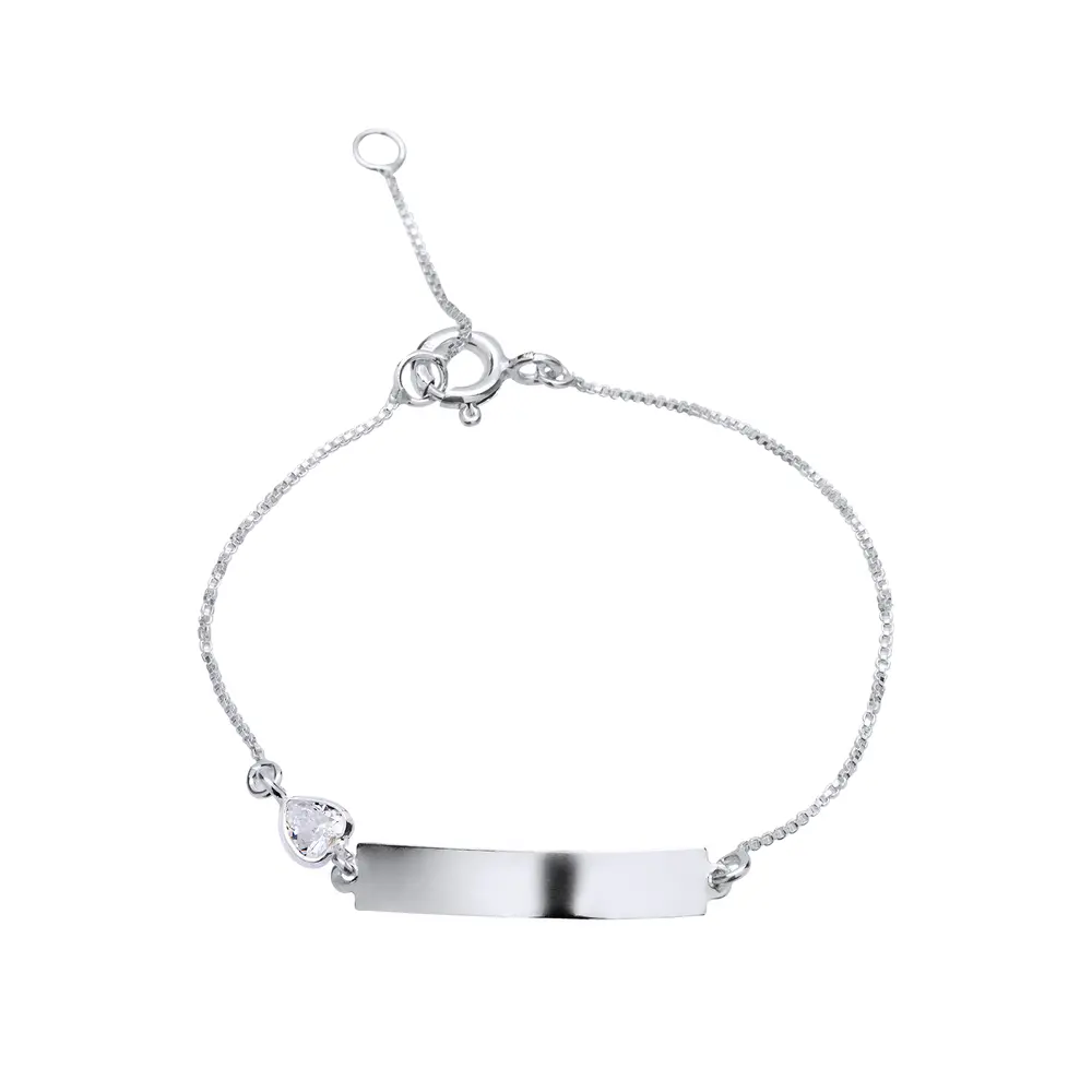 Pulseira Prata Infantil Placa Com Coração De Zircônia Branco