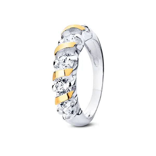 Anel  Prata Meia Aliança Com Aplique Em Ouro 10k E Zircônias