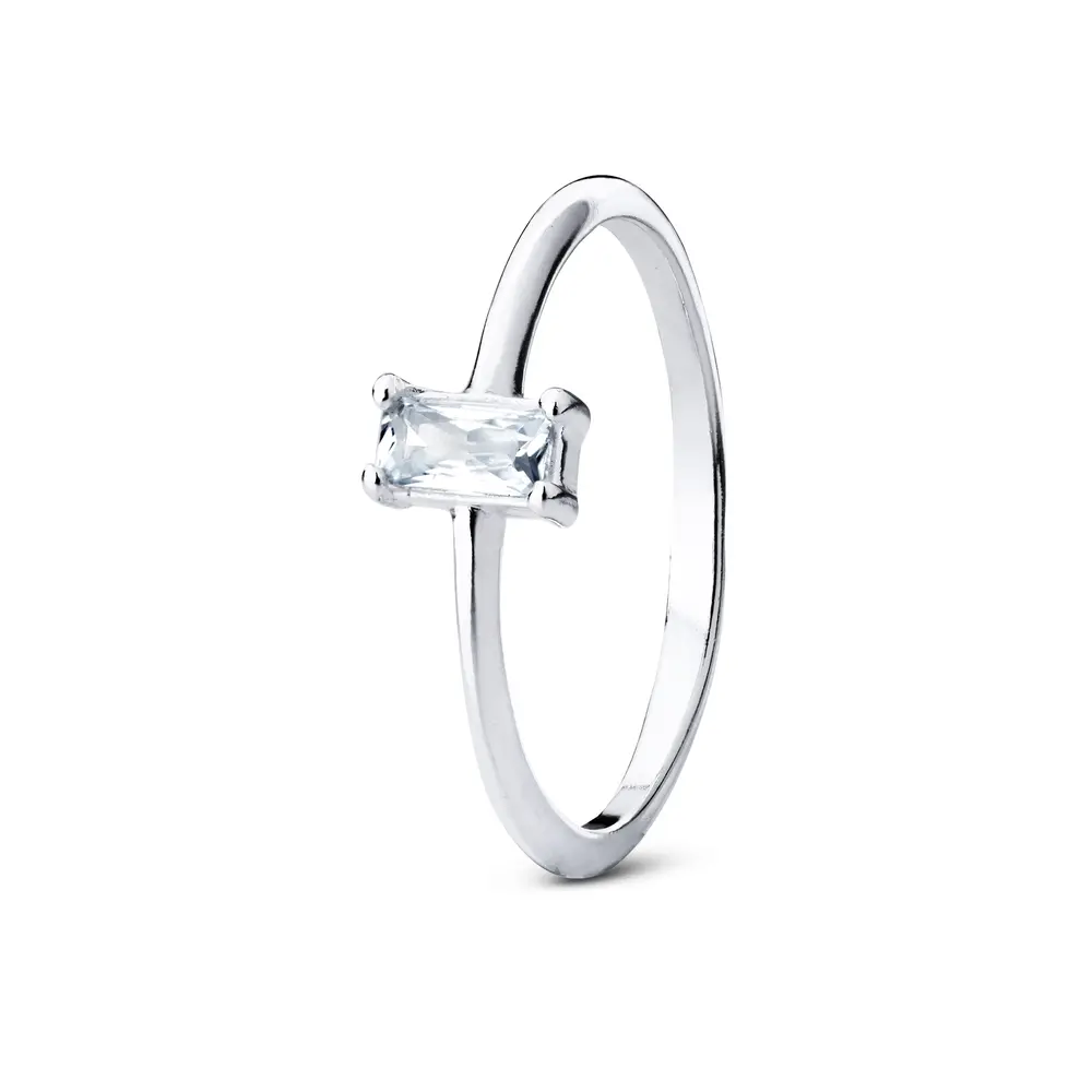 Anel  Prata  Pedra  De Zircônia Retangular