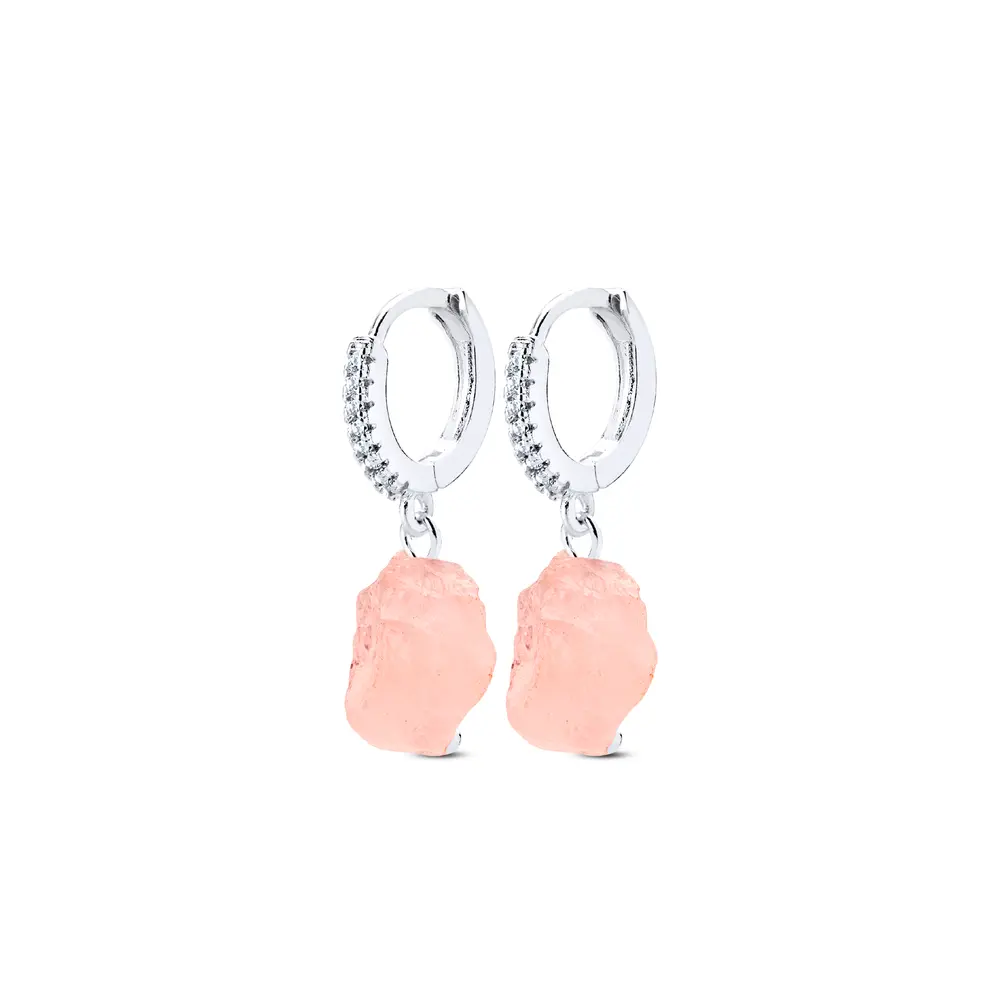 Brinco Prata Leve Essence Argola Click Quartzo Rosa
