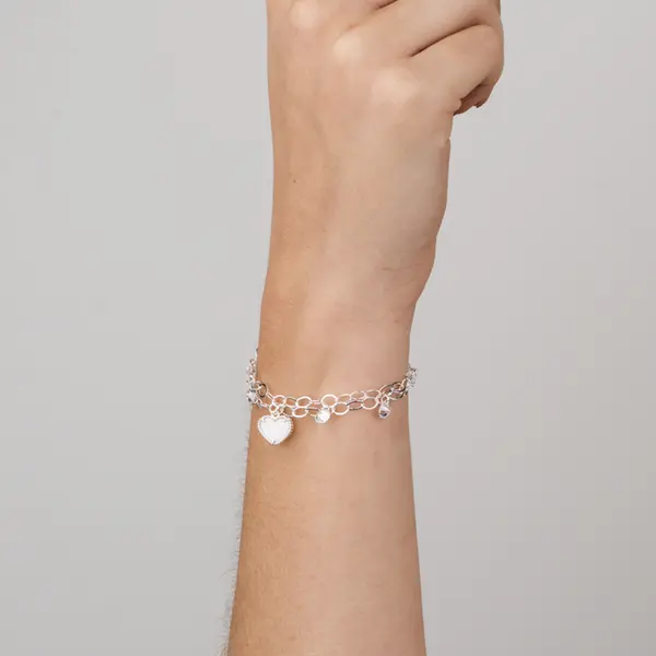 Pulseira Prata Leve Essence Coração e Zircônias Brancas