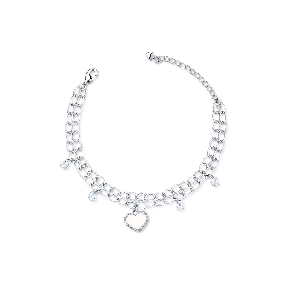 Pulseira Prata Leve Essence Coração e Zircônias Brancas