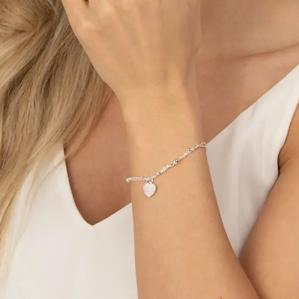 Pulseira  Prata Leve Essence Coração Cravejado