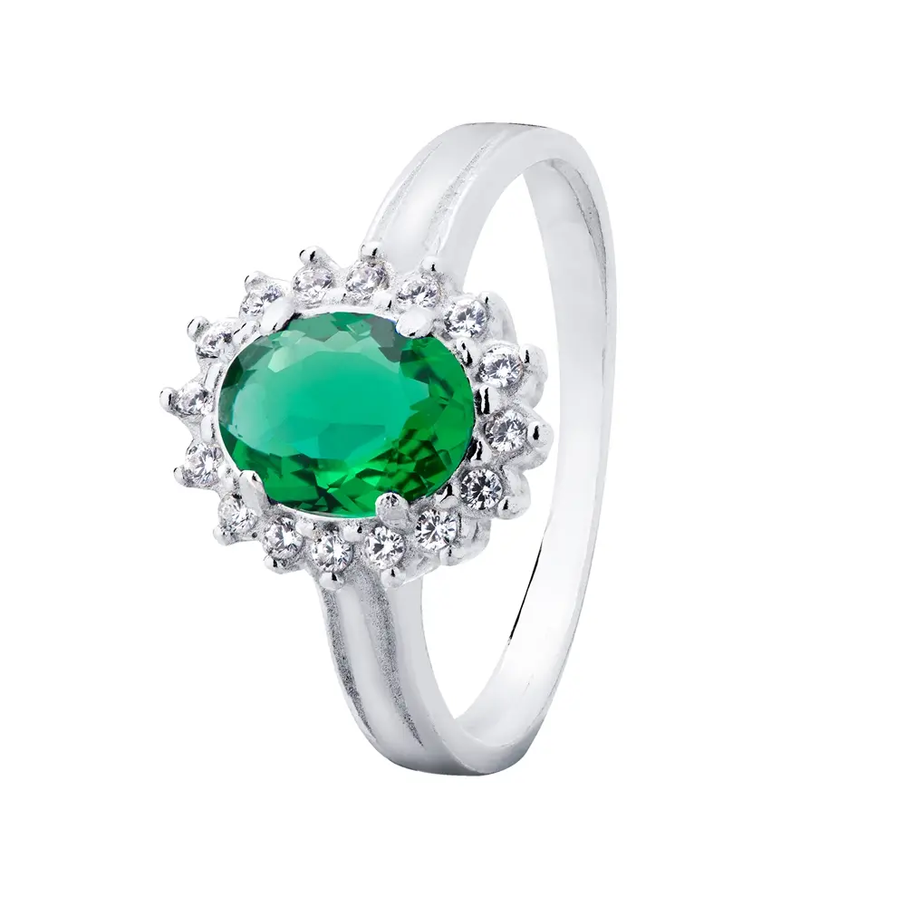 Anel Prata Com Zircônia  Verde