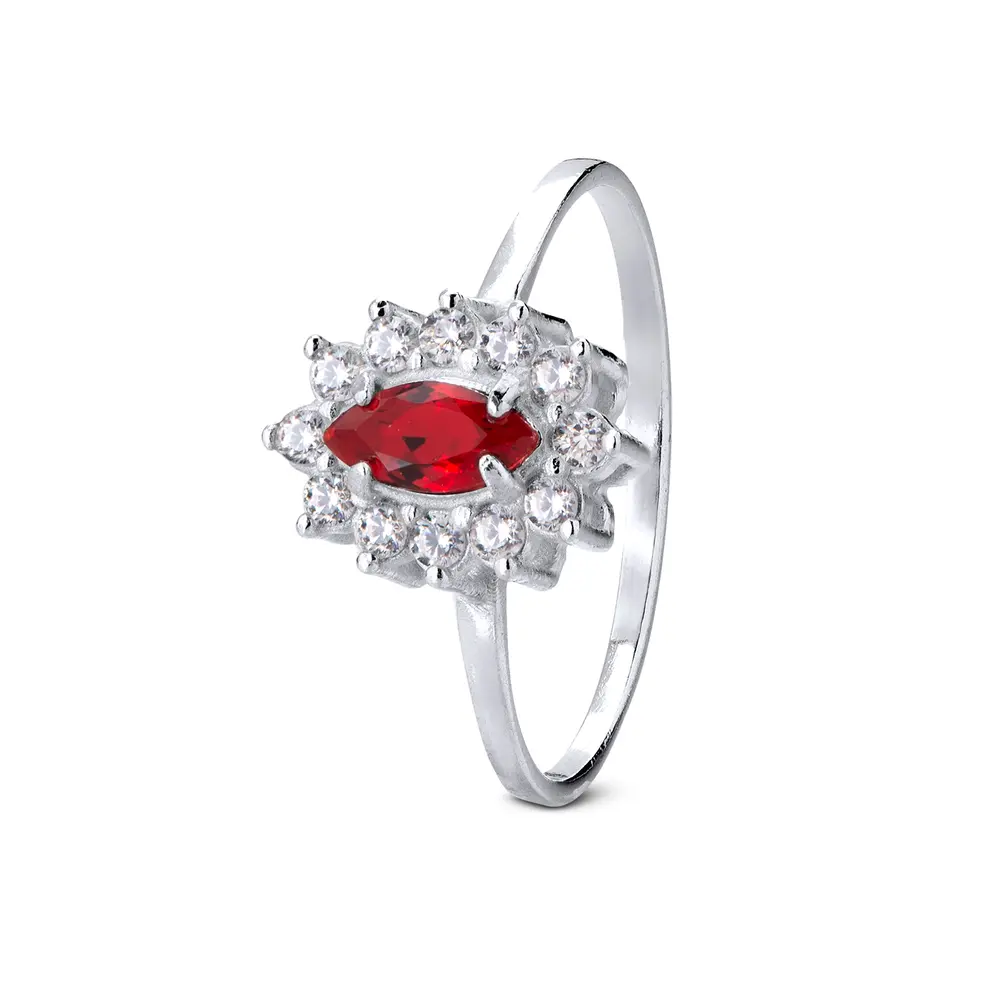 Anel Prata Pedra Zircônia Branca E No Meio Vermelha
