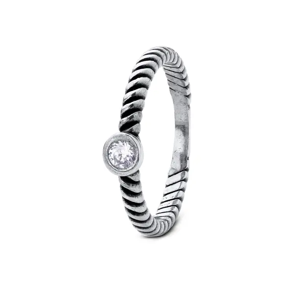 Anel Prata Envelhecido Trançado Com Zircônia