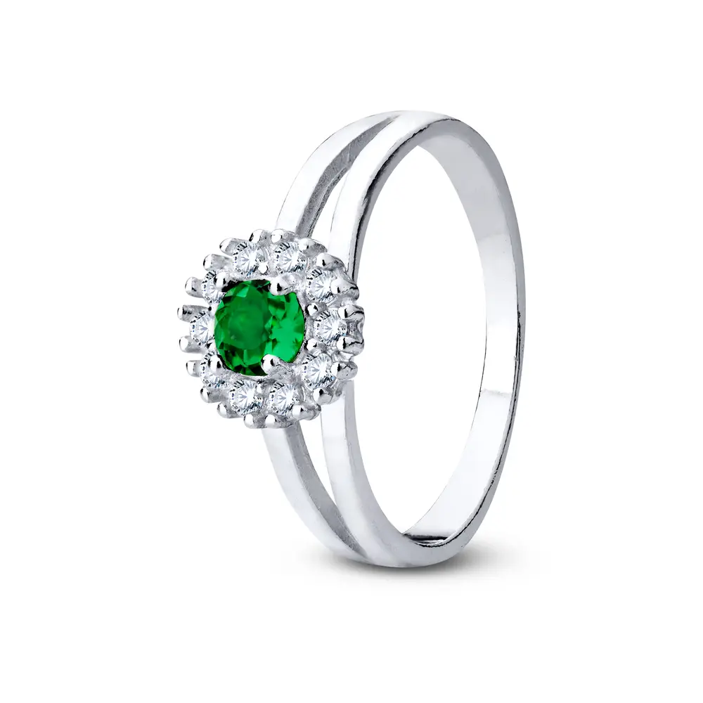 Anel Prata Zircônias Branca E Verde  No Meio P