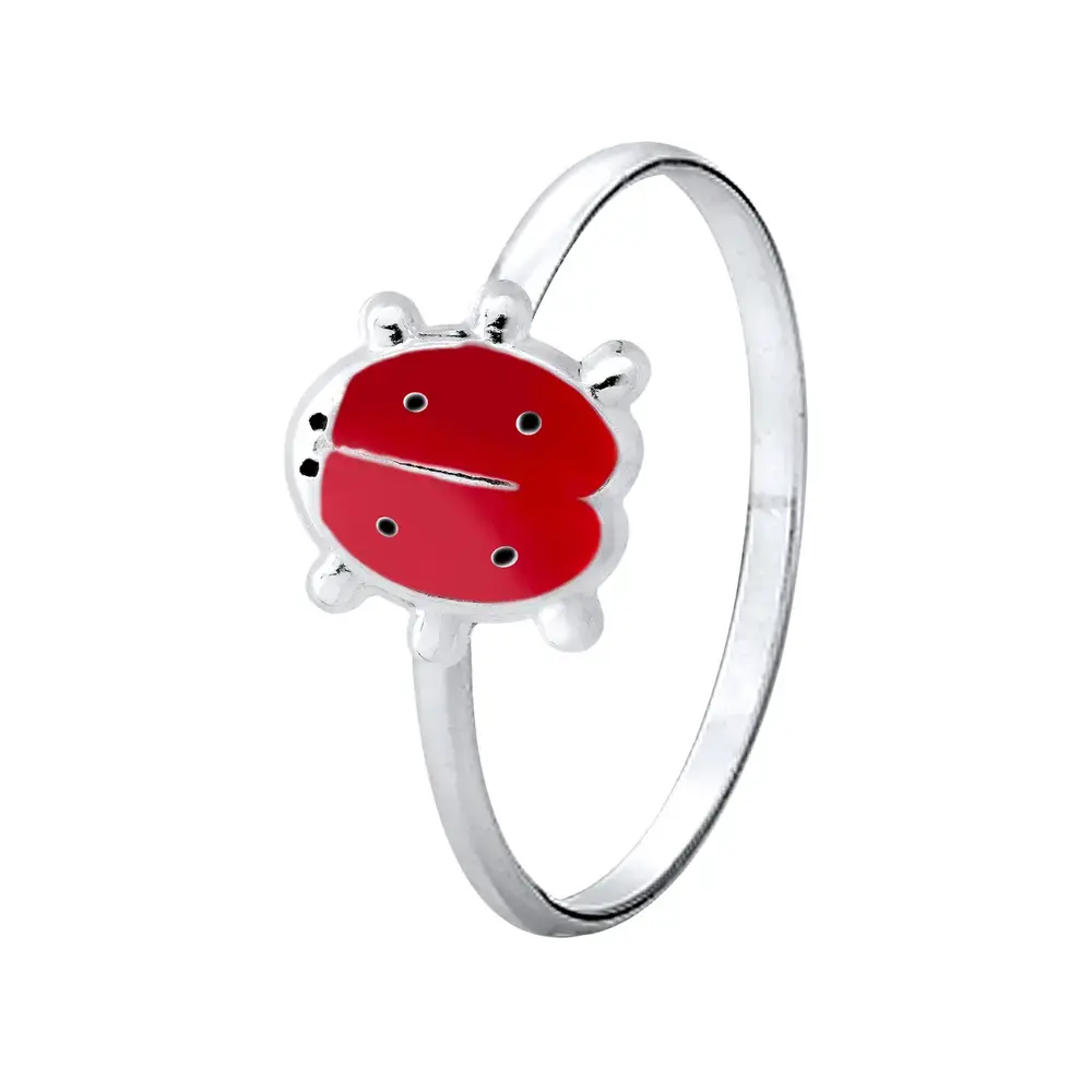 Anel Prata Infantil Joaninha Vermelha Esmaltado Vermelho